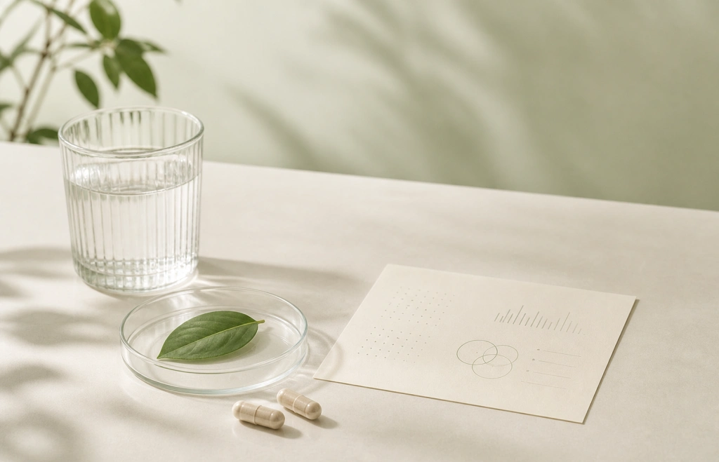 Minimal clinical research desk with a water glass, leaf, supplement capsules, and evidence notes