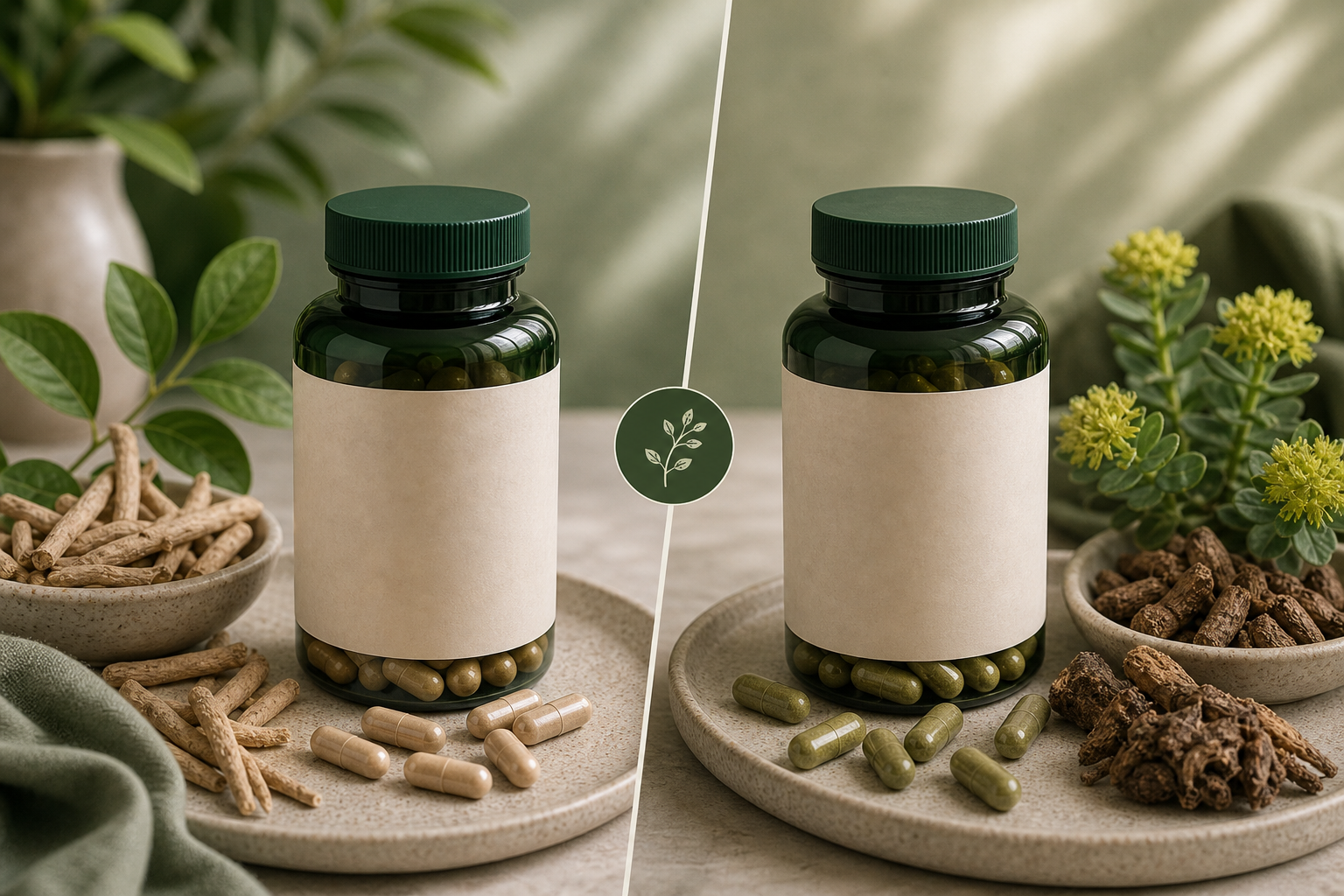 Ashwagandha vs Rhodiola editorial side-by-side