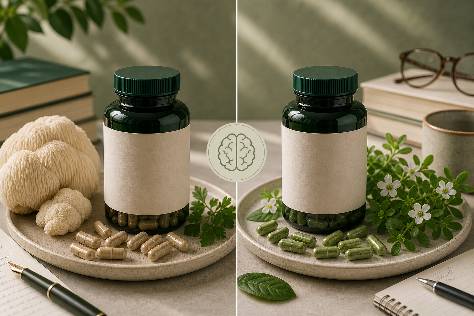 Lions Mane vs Bacopa editorial side-by-side