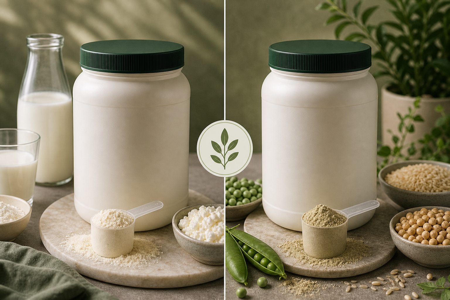 Whey vs Plant Protein editorial side-by-side