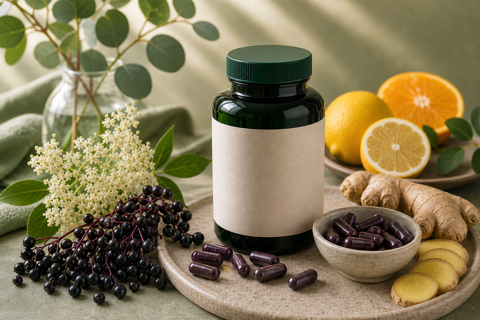 Elderberry for Immune Support editorial still life