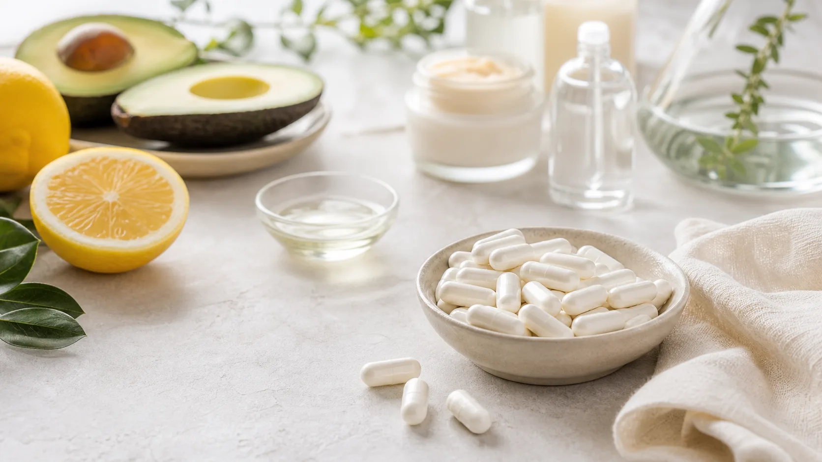 Glutathione for Skin Aging editorial still life