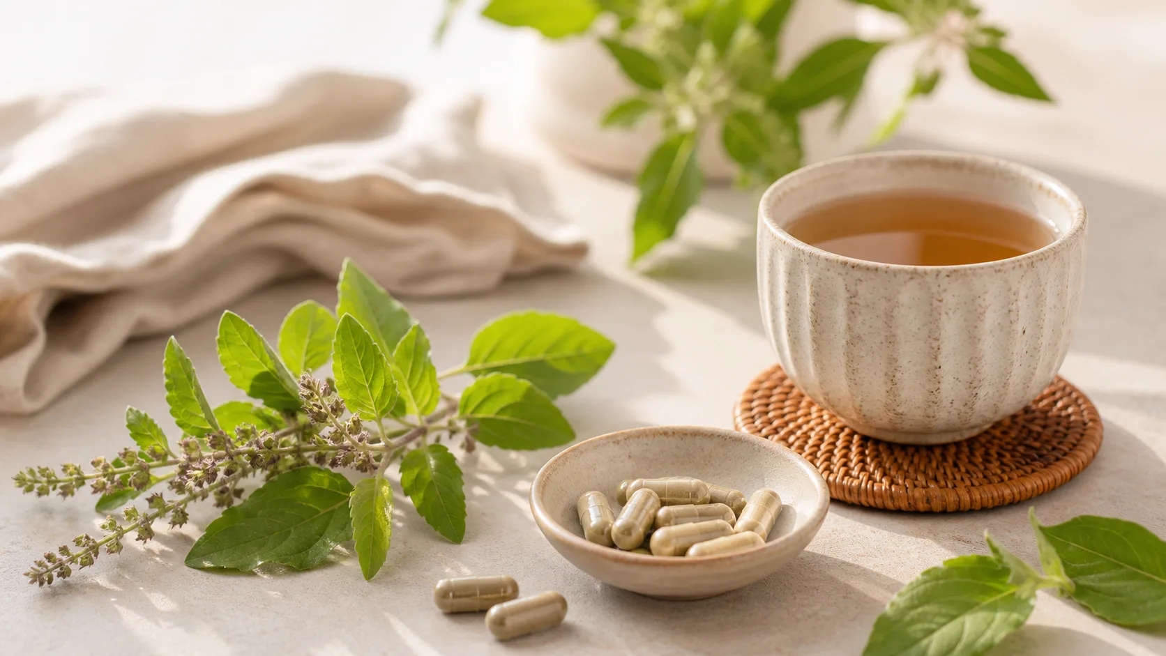 Holy Basil for Stress Resilience editorial still life
