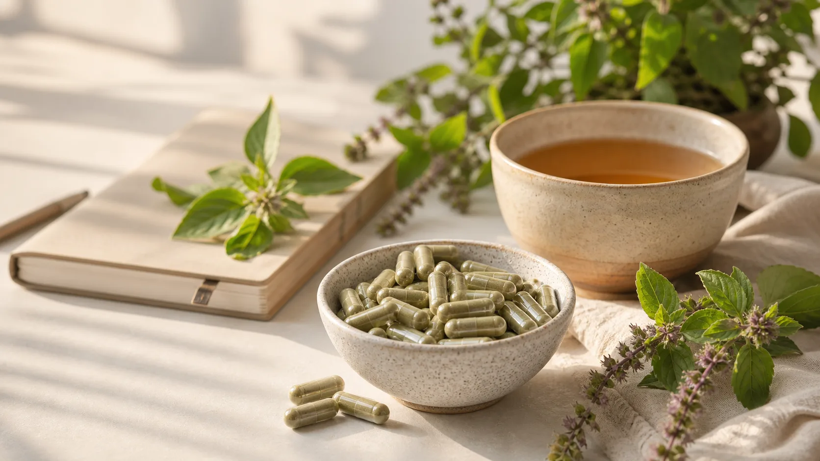 Holy Basil for Stress editorial still life