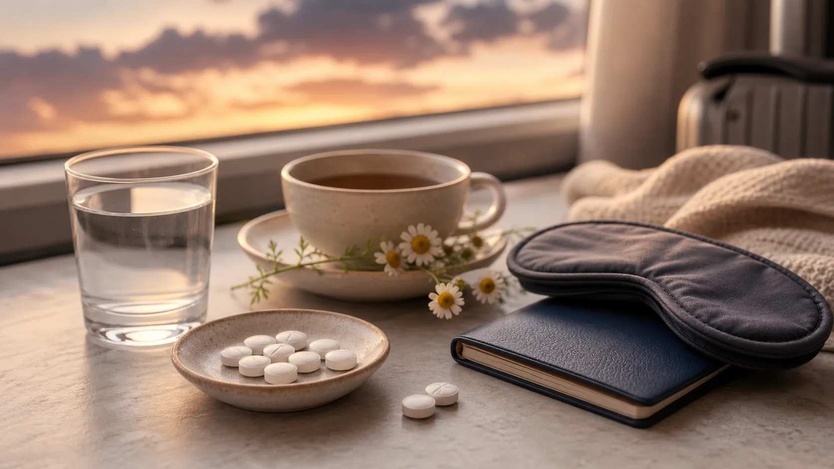 Melatonin for Jet Lag editorial still life