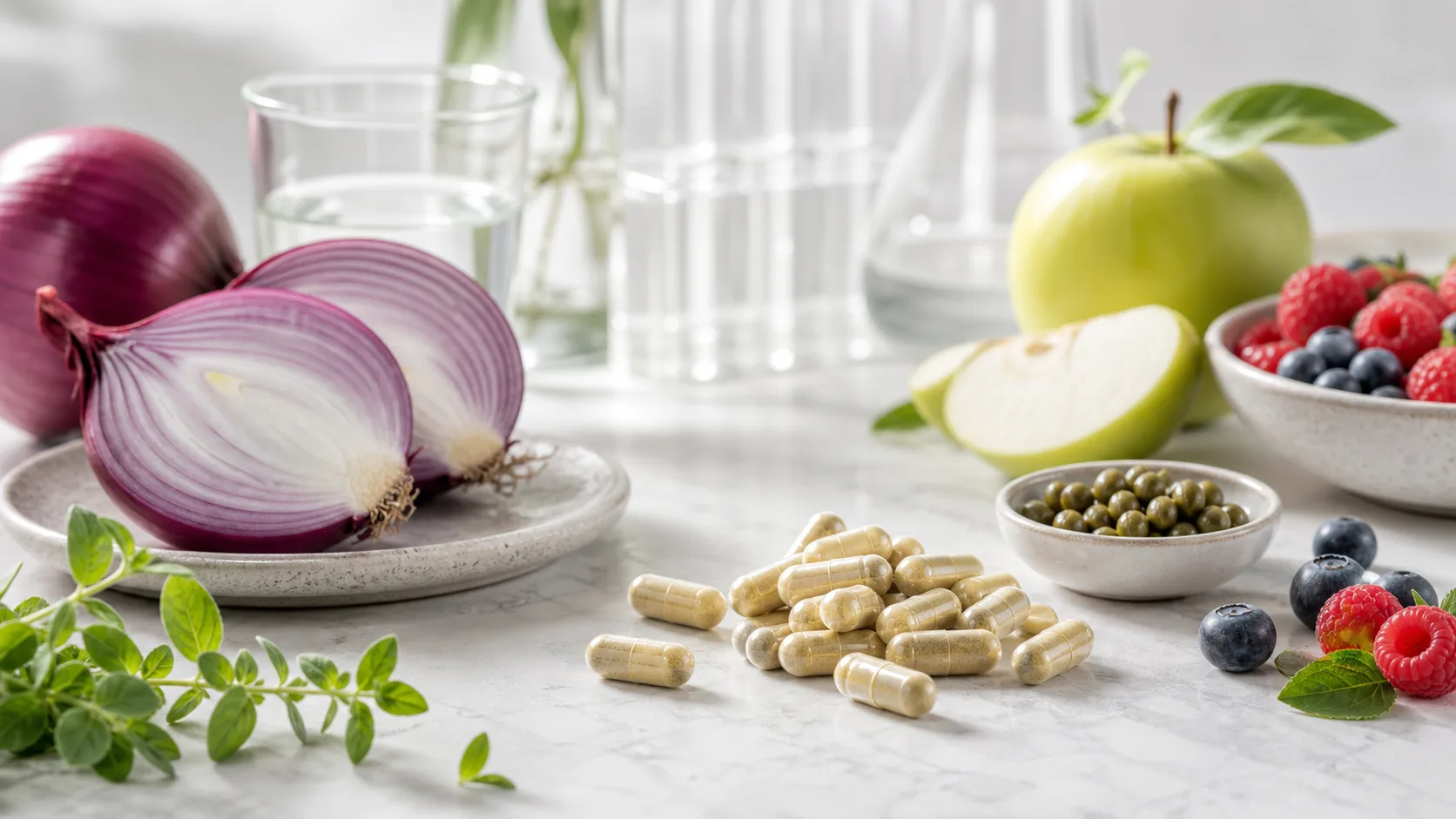 Quercetin for Longevity editorial still life