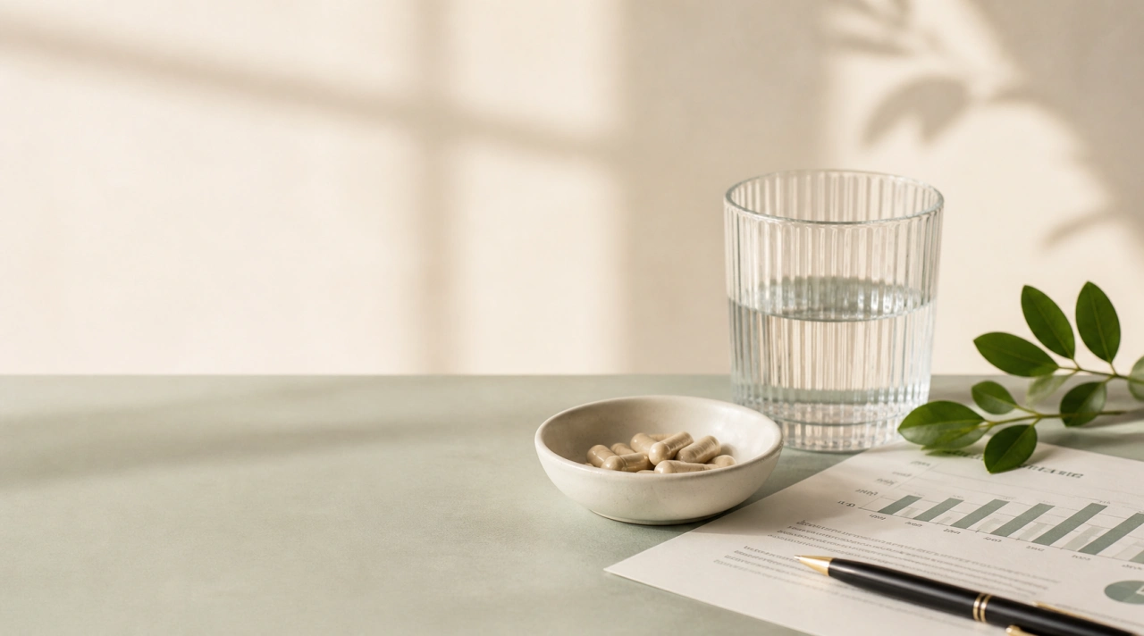 Evidence research desk with capsules, chart page, glassware, and botanical leaves