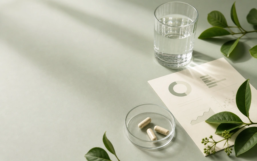 Supplement still life — bottles, capsules, and botanicals